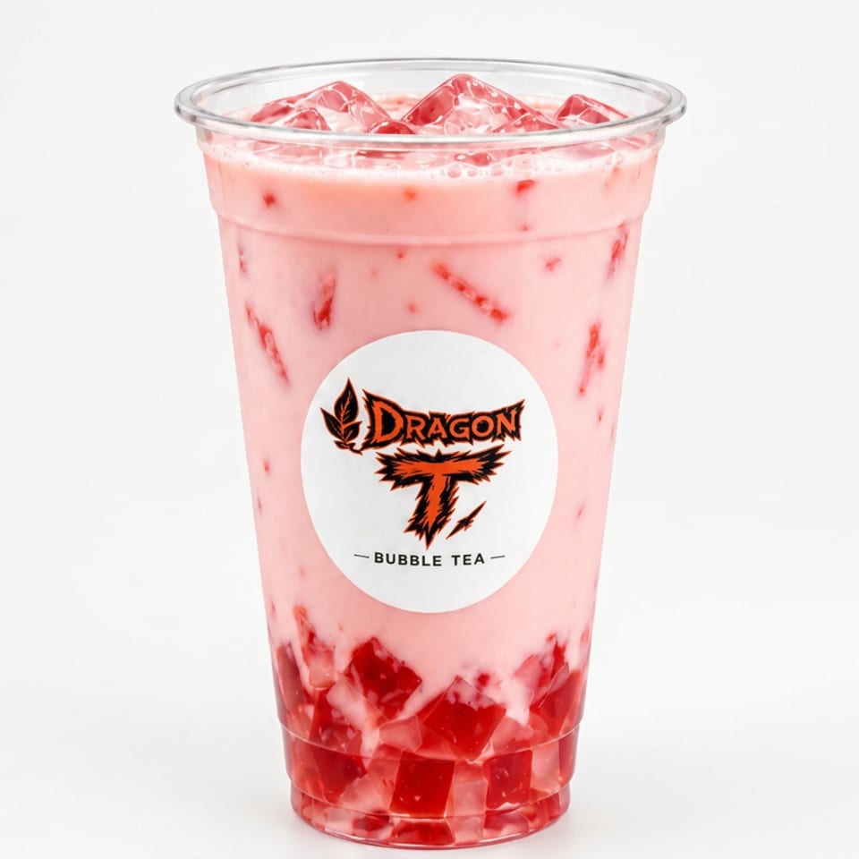 Pink Dragon T Bubble Tea in a clear cup, filled with ice and red fruit jelly cubes against a white background.